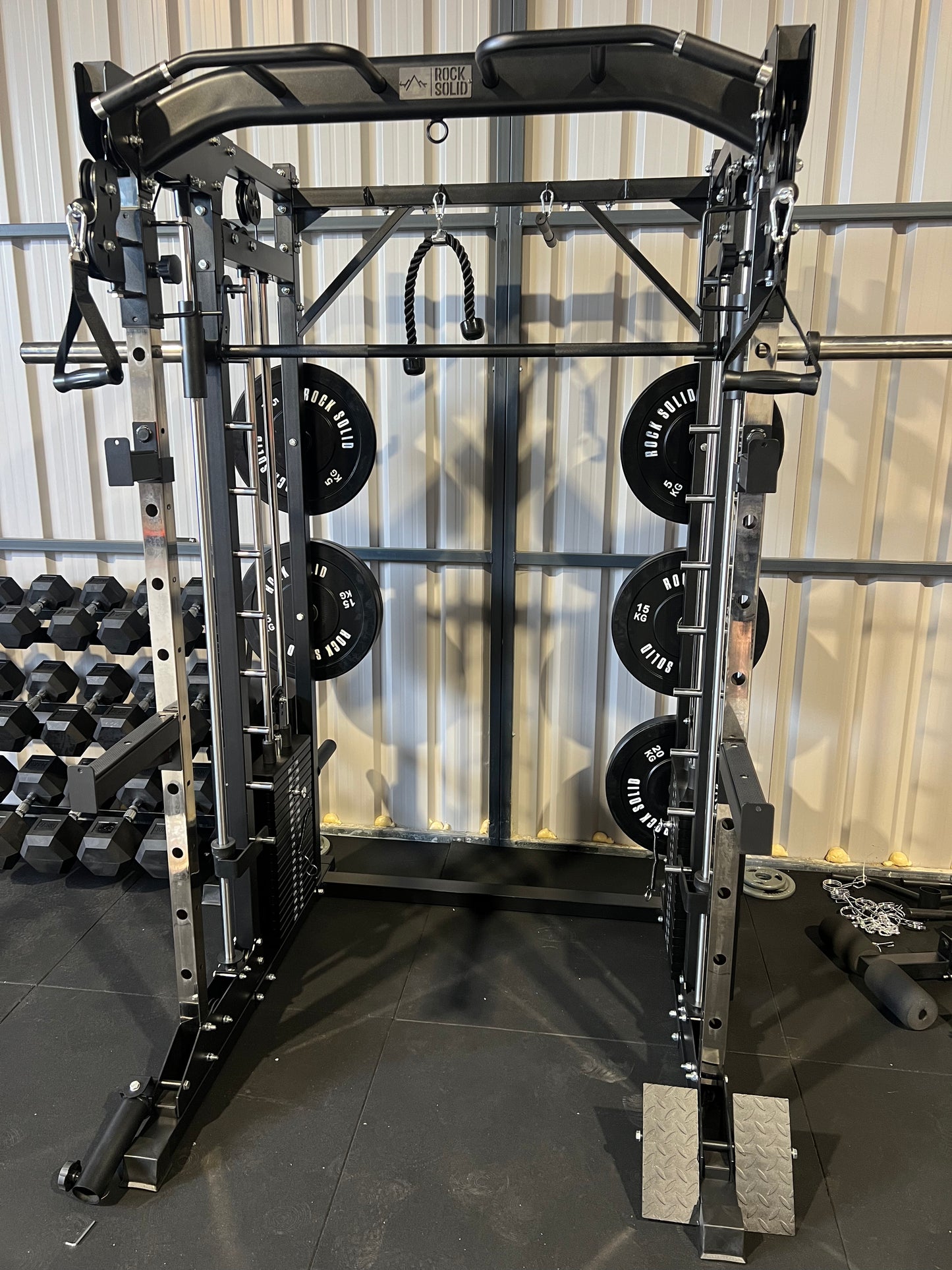MULTIFUNCTIONAL POWER RACK WITH SMITH AND DUAL STACK CABLE MACHINE