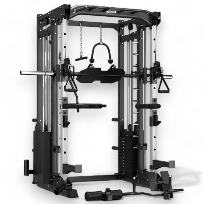 MULTIFUNCTIONAL POWER RACK WITH SMITH AND DUAL STACK CABLE MACHINE
