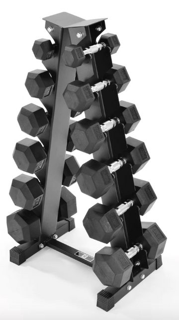 Rock Solid Fitness Equipment Free Weights Rubber Hex Dumbbell Set & Vertical Rack - 6 Pairs (2.5kg - 15kg)
